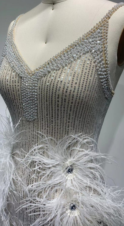 DOLLY Luxury Sliver V-Neck Sleeveless Beaded Sequin Feather Short Dress-JULIA