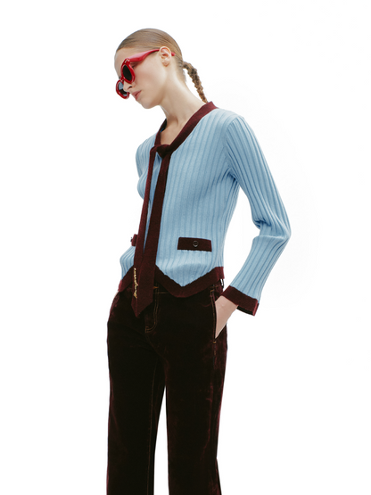 YES BY YESIR ribbed texture maroon accents scarf-tie neckline top - HEAT.