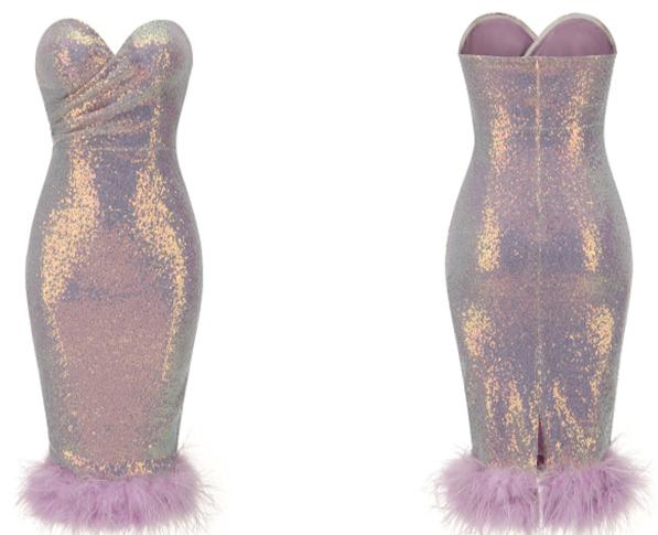 DOLLY Luxury Violet Glittering Sleeveless Chest Wrap Midi Feather Party Dress-FILIPPA