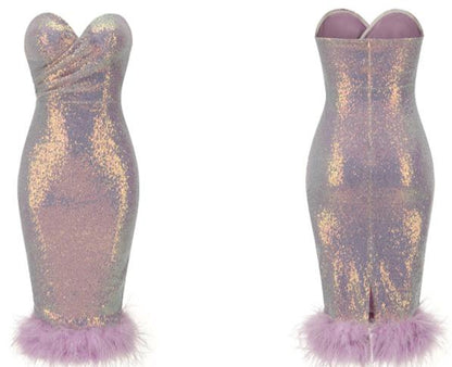 DOLLY Luxury Violet Glittering Sleeveless Chest Wrap Midi Feather Party Dress-FILIPPA