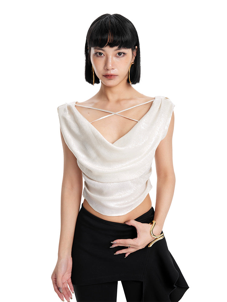 TINY IN Irregular Streamer Swing Neck Pleated Top - OSCA