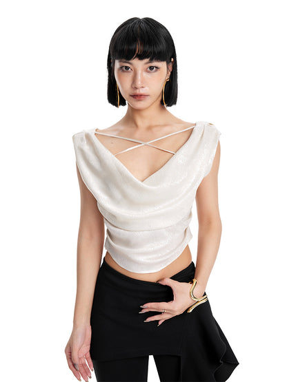 TINY IN Irregular Streamer Swing Neck Pleated Top - OSCA