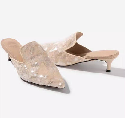 B-FEI Niche Embroidered Pointed Semi-Toe Kitten Heel Mules-IMMU.