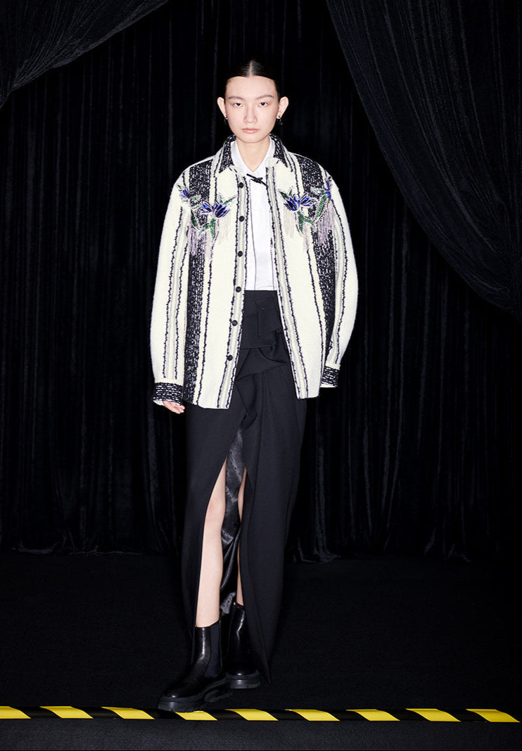 M essential Mackay designer wool stripe workshop embroidered coat - step.