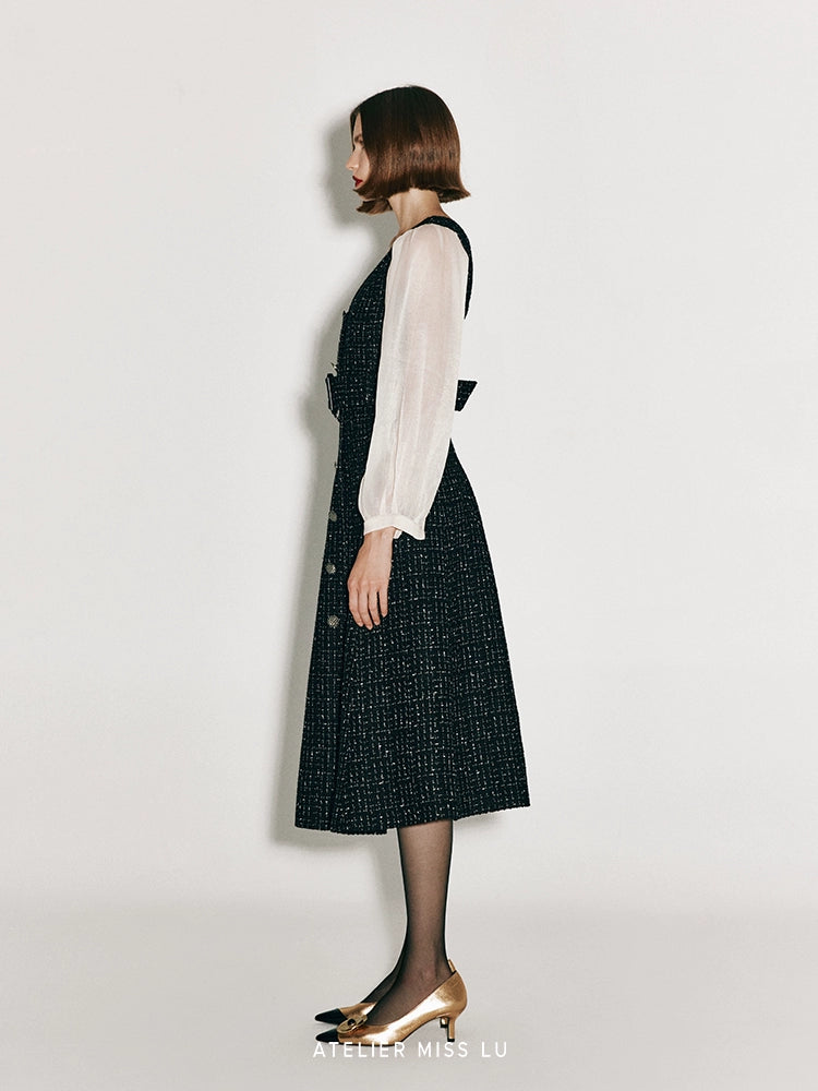 ATELIER MISS LU Vintage Tweed Sleeve Patchwork Dress - KIMMIE