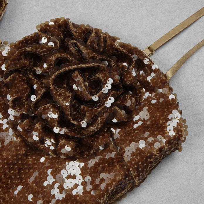 DOLLY High End Brown V-neck Sleeveless Flower Design Long Dress-OVA