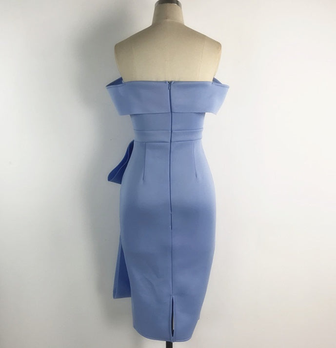 DOLLY Elegant Blue Sleeveless Off Shoulder Chest Wrap Midi Dinner Dress-DARA