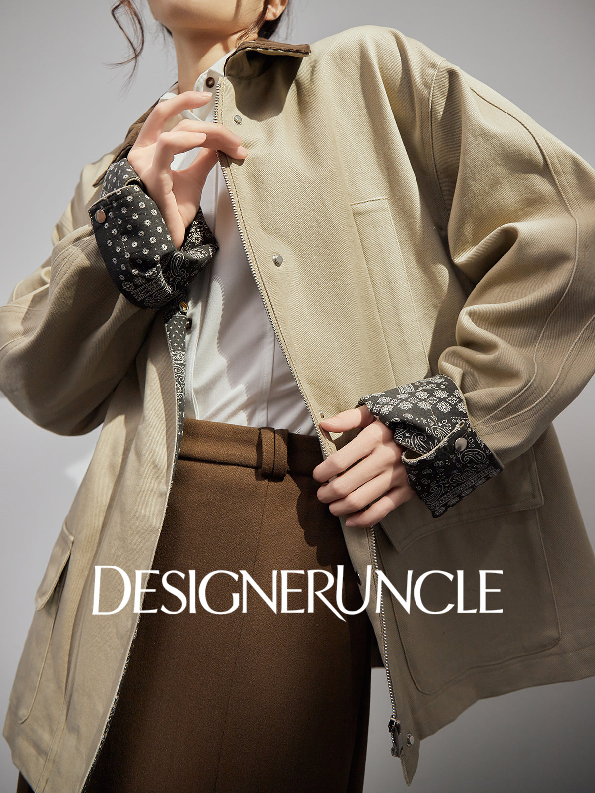 DGU "Mu Brown" retro khaki jacket retro loose slimming versatile top - Wilhelmina.