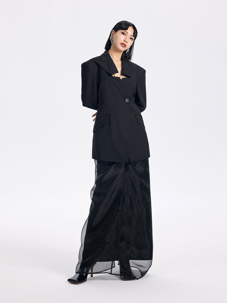 TINY IN casual black cut-out collar waist coat-SYAD