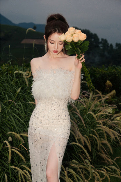Wardrobes by Chen  luxury wedding White Haute Couture Feather Sequin Dress-Masa