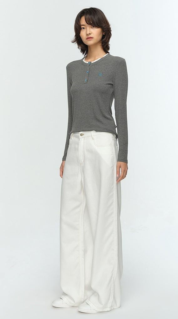 COMME MOI Lu Yan designer new women's clothing Henry collar color-blocked slim T-shirt- CHAOS.