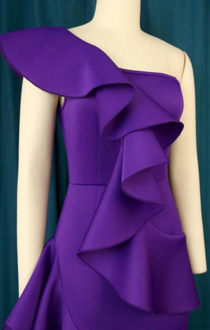 DOLLY Elegant Retro Style Deep Purple Ruffled Off Shoulder Midi Dress-PINKY