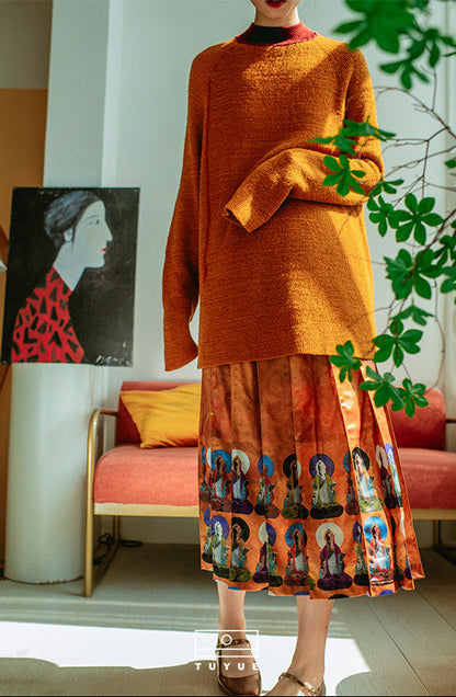 TUYUE Dunhuang Mural Print Satin Pleated Skirt- ELLA.
