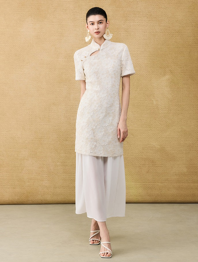 HECO Chinese style short-sleeved embossed flower summer cut-out short dress- TEMIRO.