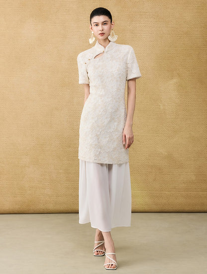 HECO Chinese style short-sleeved embossed flower summer cut-out short dress- TEMIRO.