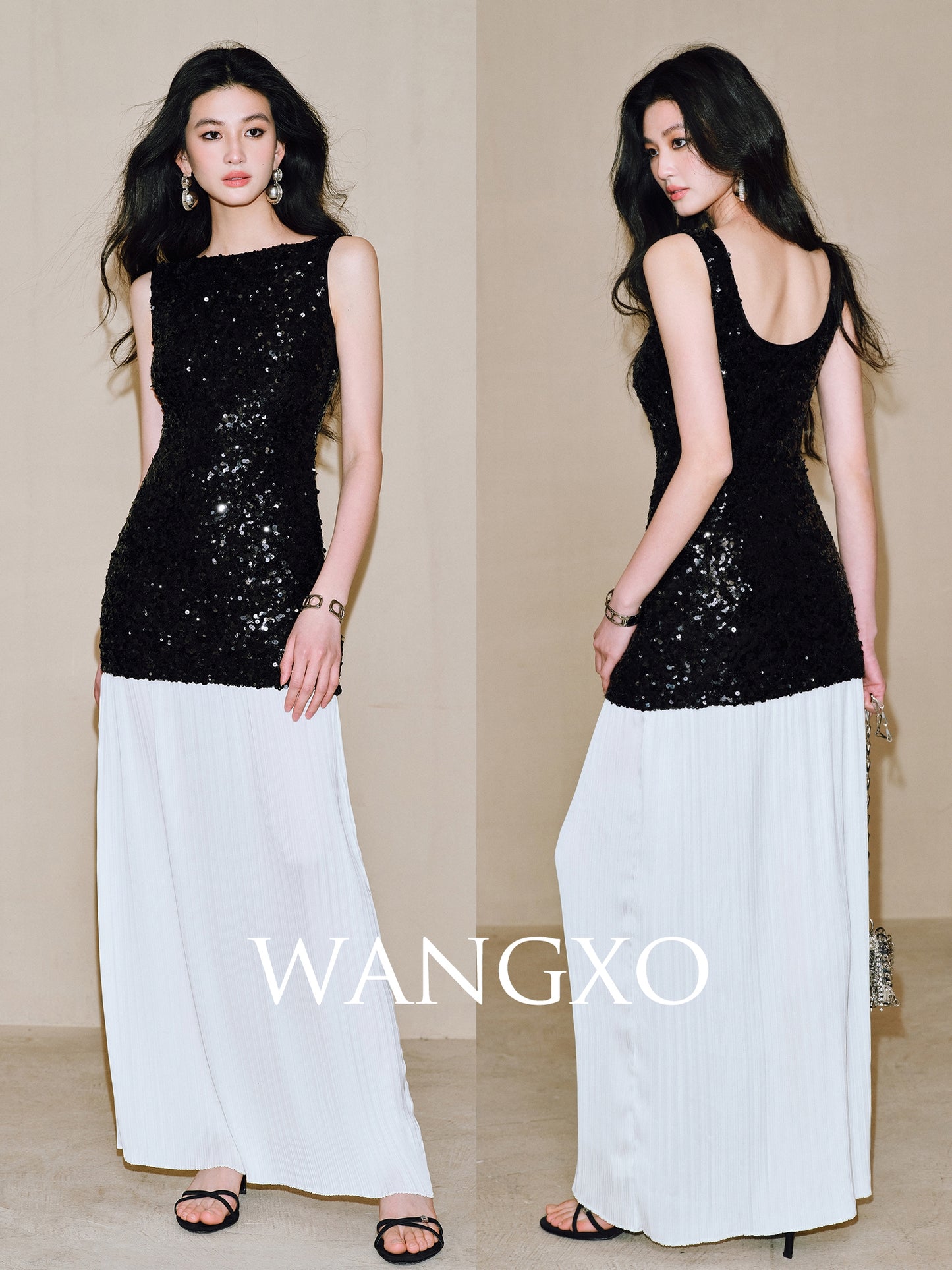 WANGXO | Gilded sequin-stitch silk pleated shimmer Dress - BYRON.