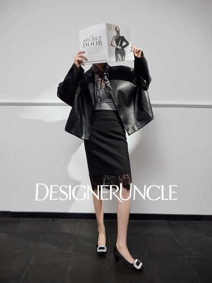 DGU High-end black leather silhouette niche sense commuting high-end style dress - Claude.