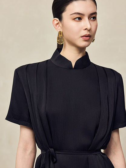 HECO acetate press-pleated cinched waist black white texture t-Shirt - NONE.