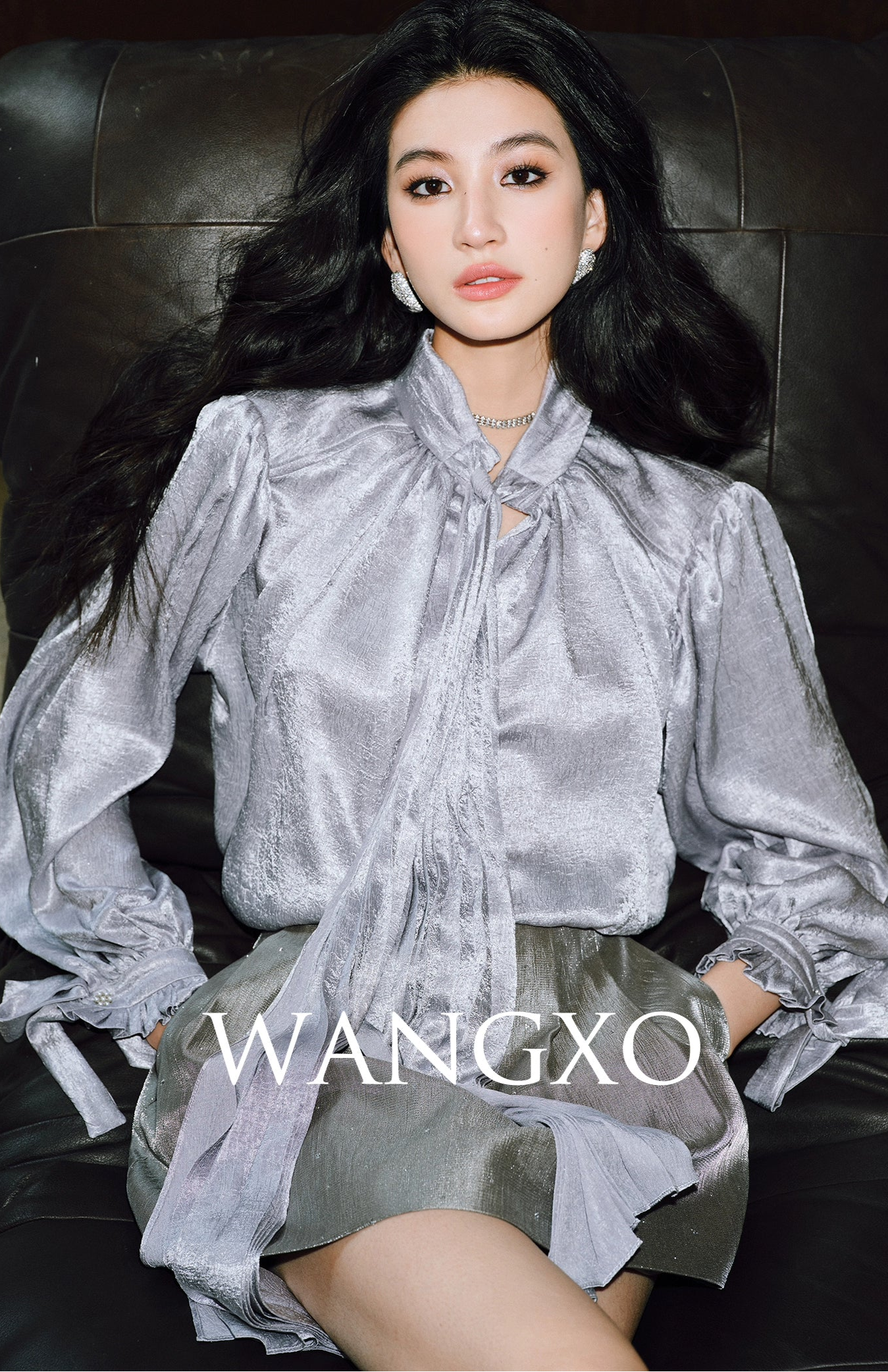 WANGXO | Glossy Satin Scratch & Bright Silk Interlace Pleated Streamer V-Neck Shirt -FÍYA.