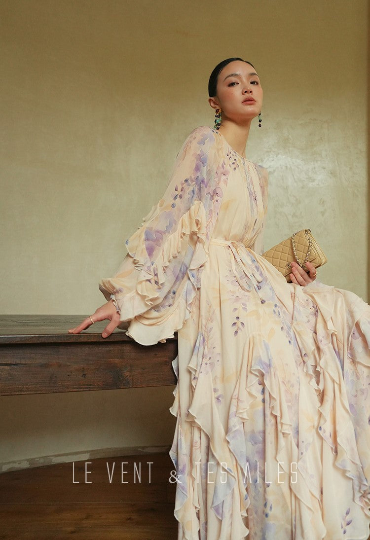 LE VENT&TES AILES floral print silk resort summer vacation maxi dress-GWEN