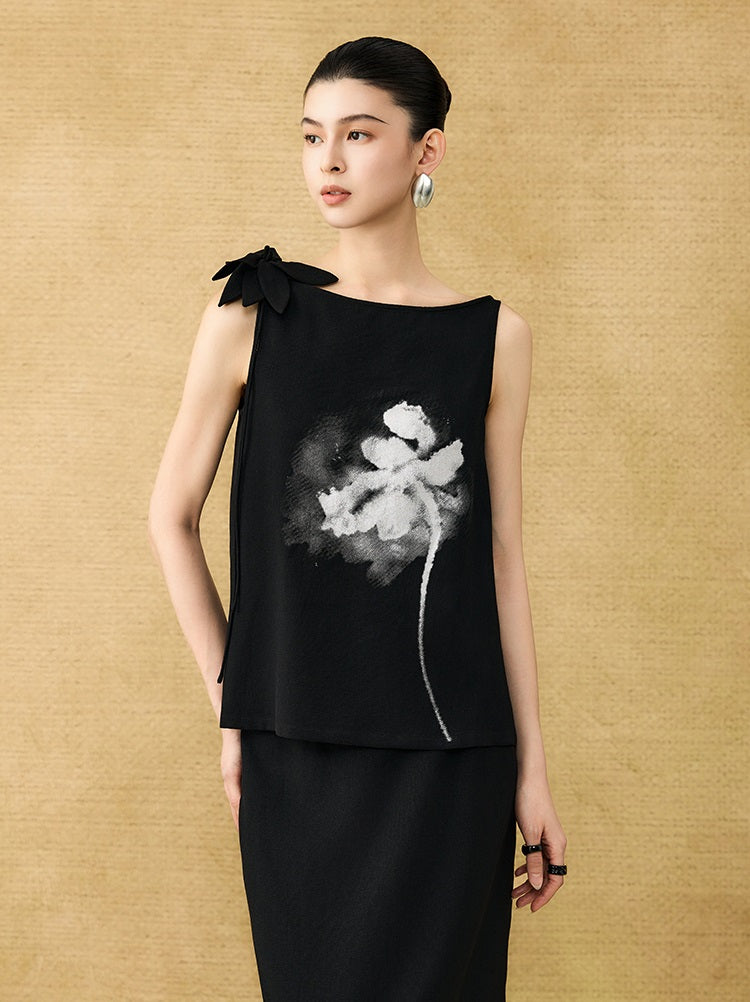 HECO  Chinese style pin small flower linen top breathable elegant vest - POWER.