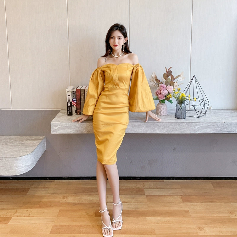 DOLLY High End Retro Style Off Shoulder Long Puff Sleeve Chest Wrap Dress-KILA