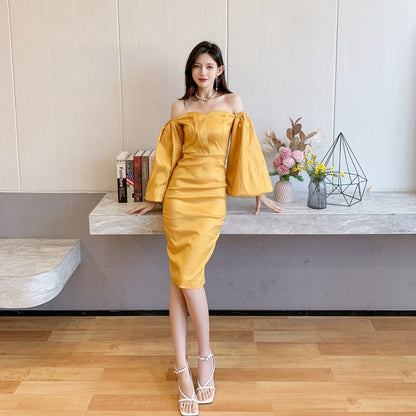 DOLLY High End Retro Style Off Shoulder Long Puff Sleeve Chest Wrap Dress-KILA