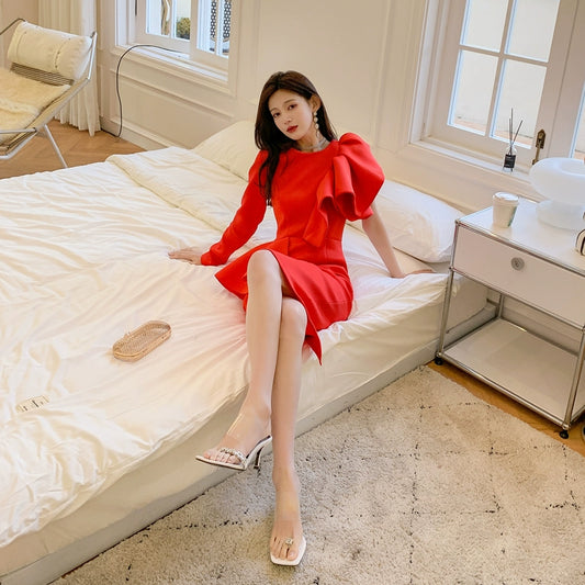 DOLLY Elegant Red Sloping Shoulder Ruffle Long Sleeve Midi Dinner Dress-KIMBRA