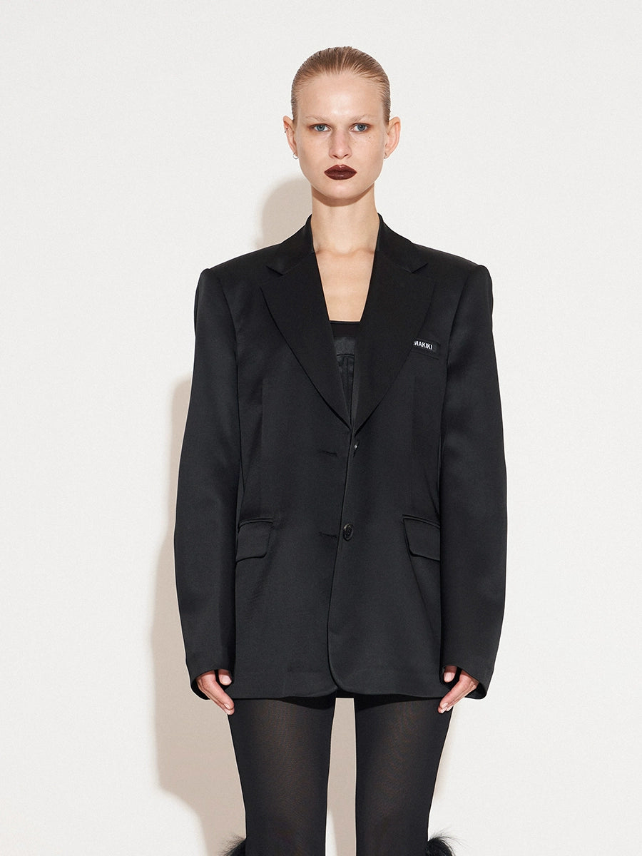 ANNAKIKI Black Acetate Hot Diamond Shoulder Padded Loose Blazer Jacket - HOSANA