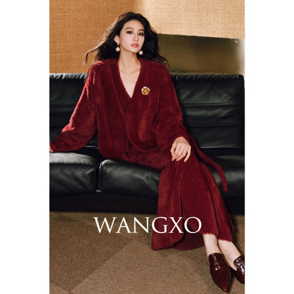 WANGXO | Ultimate Fluffy Mink Hair Texture  Lazy Soft Cardigan, Matching Vest & Elegant Fishtail Skirt Set-  KIMI ?
