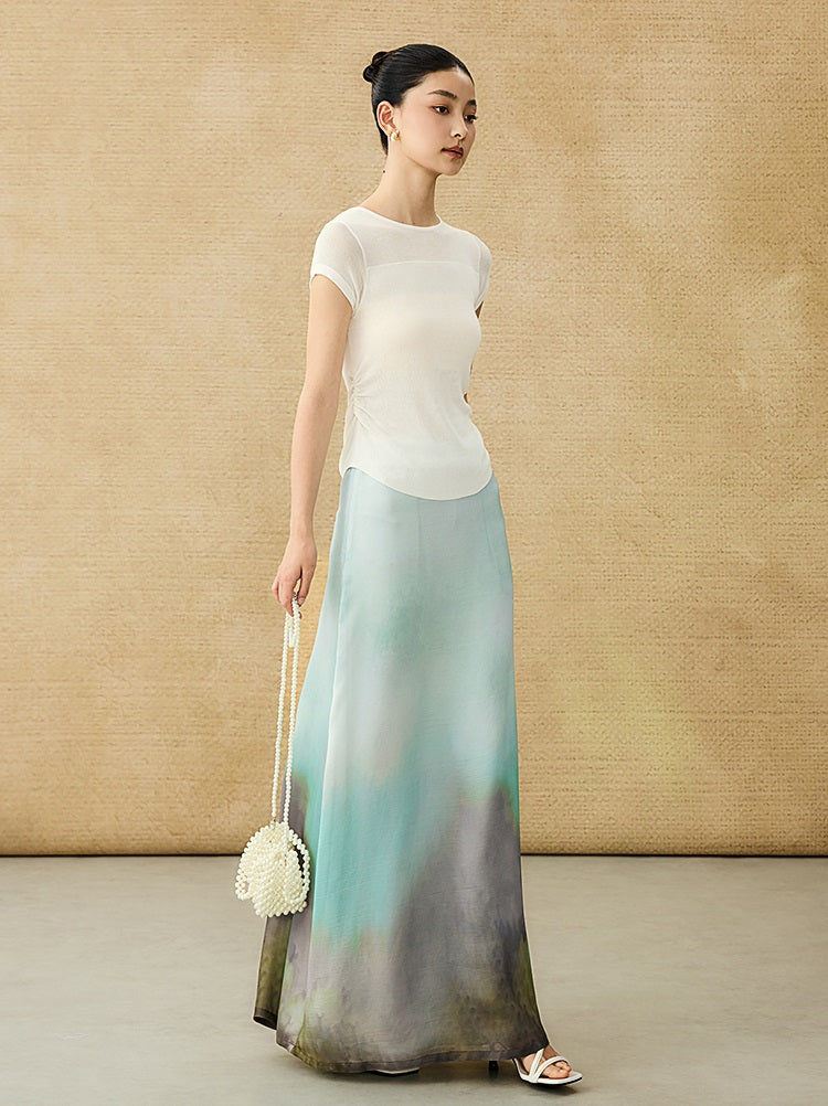 HECO Chinese style slightly transparent round neck knitted short sleeve T-shirt -BING.