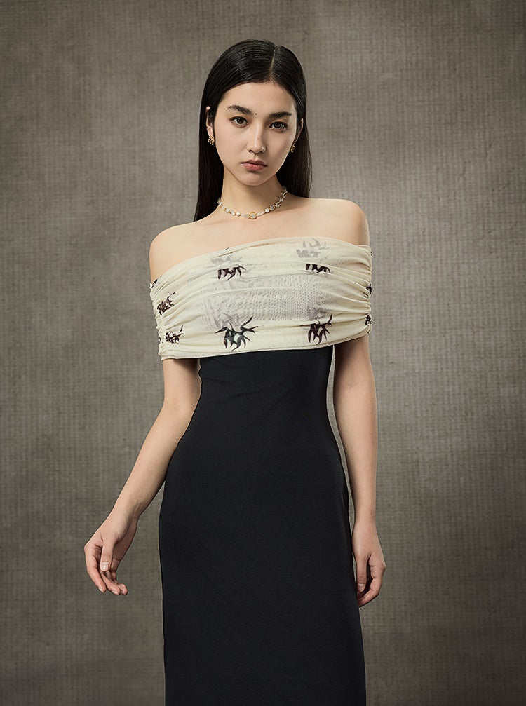 HECO Pleated One-Shoulder Bardot Temperament Midi Dress  - BELIEVE.