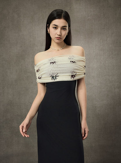 HECO Pleated One-Shoulder Bardot Temperament Midi Dress  - BELIEVE.