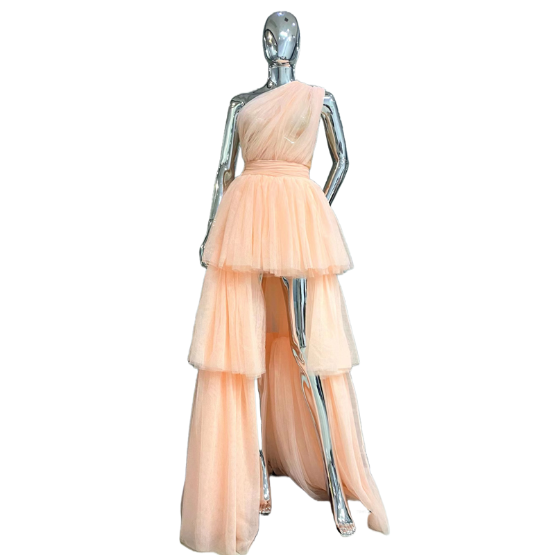 DOLLY Elegant Peach Mesh Off Shoulder Sleeveless High Waist Tutu Dress-MEDUSA  (V)