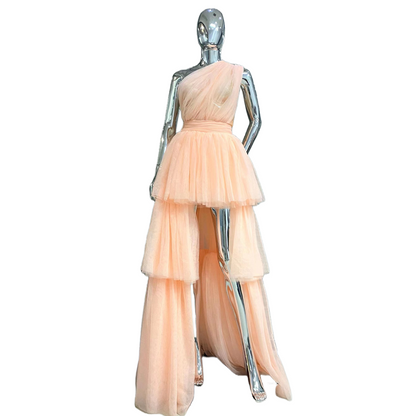 DOLLY Elegant Peach Mesh Off Shoulder Sleeveless High Waist Tutu Dress-MEDUSA  (V)