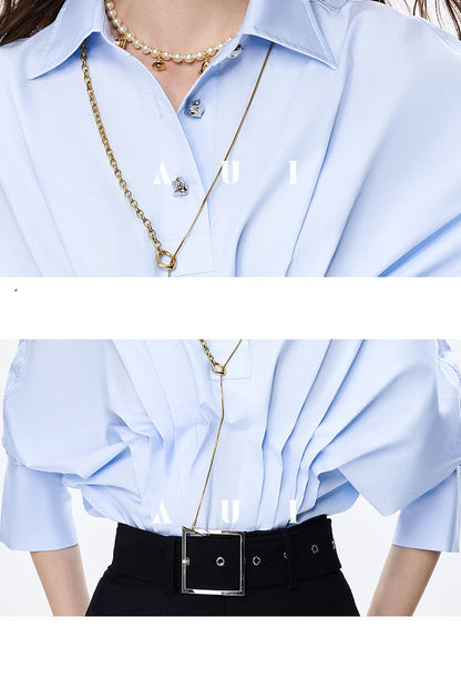 AUI design sense irregular polo collar blue shirt long sleeve top - RESORT.