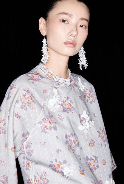 M essential Ma Kay designer Jinghe printed fabric floral nail beads top - JULY.