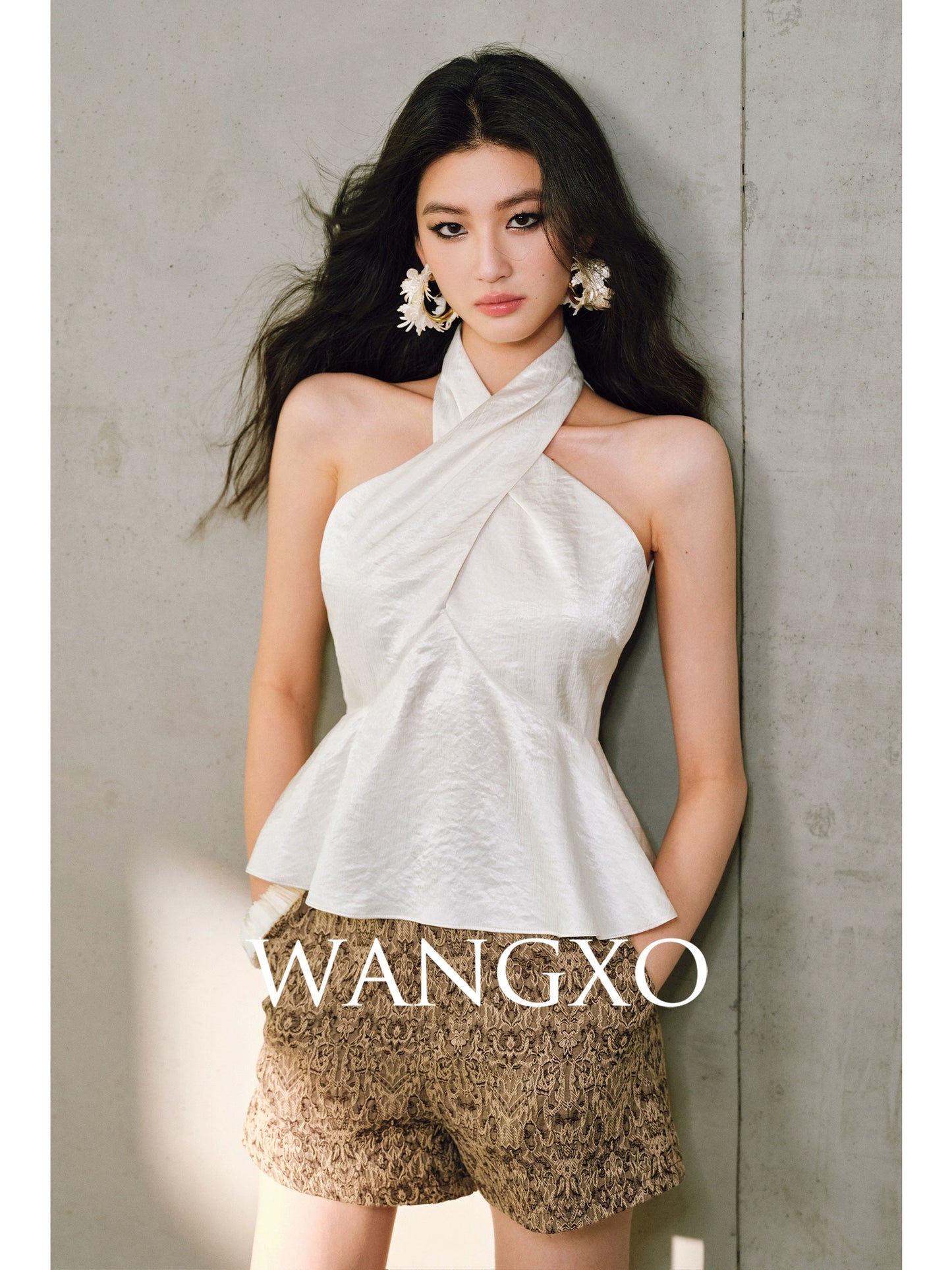 WANGXO Hand-Pinched Pleats Cross Halterneck Umbrella Swing Top with Sculpted Elegance -NYRA