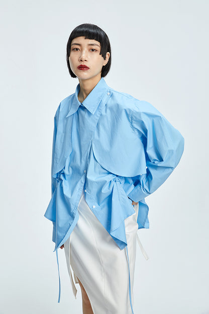 TINY IN  two irregular drawstrings waist cinching blue white shirts-DANTE