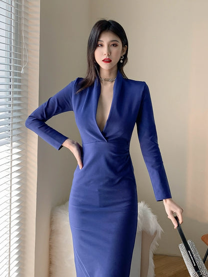 DOLLY Elegant Blue/White Deep V-Neck Long Sleeve Sexy Bandage Party Dress-KONNIE