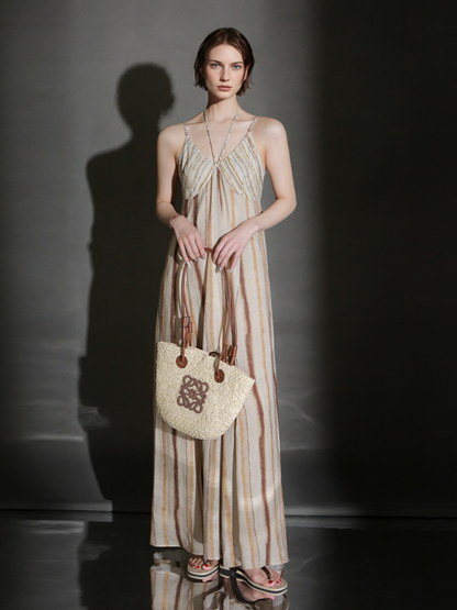 PIAOIN resort-style vertical stripe design sundress women's halterneck design cinched waist dress -GISELLE