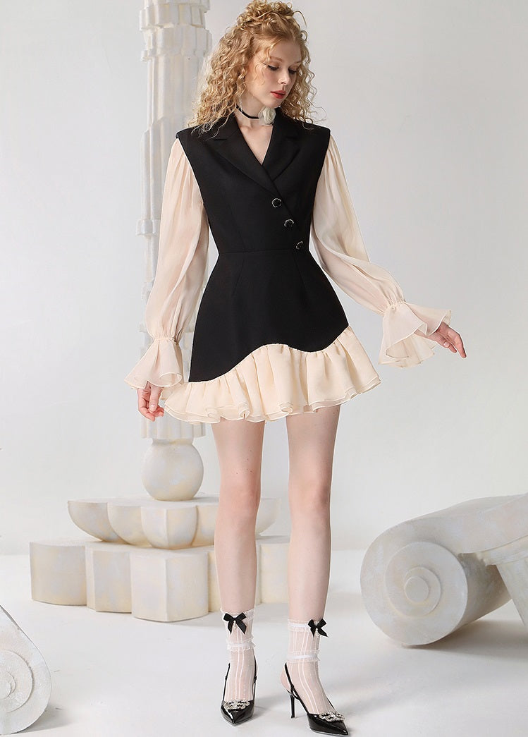 CHECOCRE Elegant Ruffle Contrasting Design Black Suit Dress- EDNA