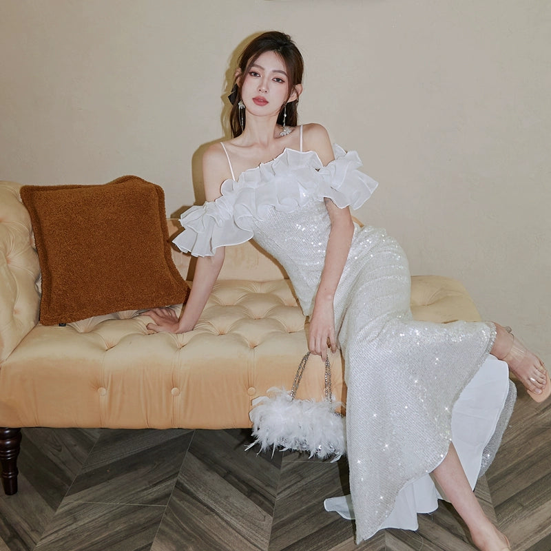 DOLLY Elegant White Off Shoulder Sequin Ruffled Tube Top Banquet Dress-ALICIA