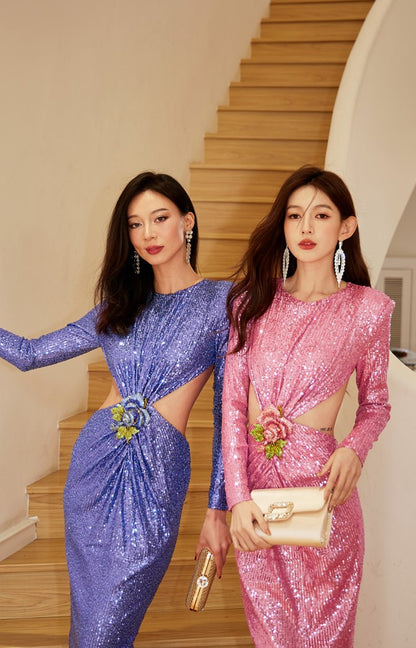 DOLLY Elegant Crew Neck Long Sleeve Slim Fit Sequin Long Evening Dress-IIANA