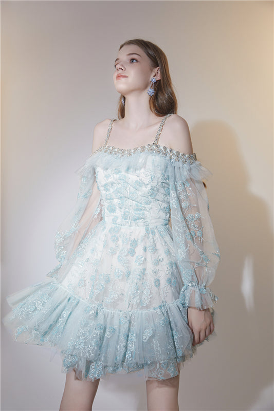 Wardrobes by Chen Elegant Embroidery Long Sleeve Short Party Dress- Larry