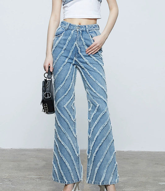 ANNAKIKI fractal shooting star raw edge denim bell bottoms-YAMEN.