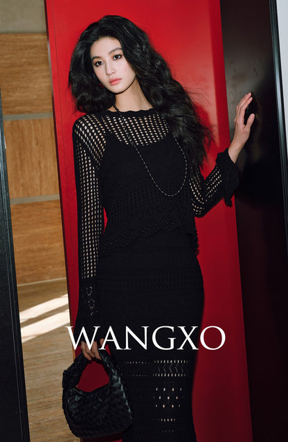WANGXO | Handmade Beading Flared Sleeve Top & Fishtail Skirt Set -RAWLING.