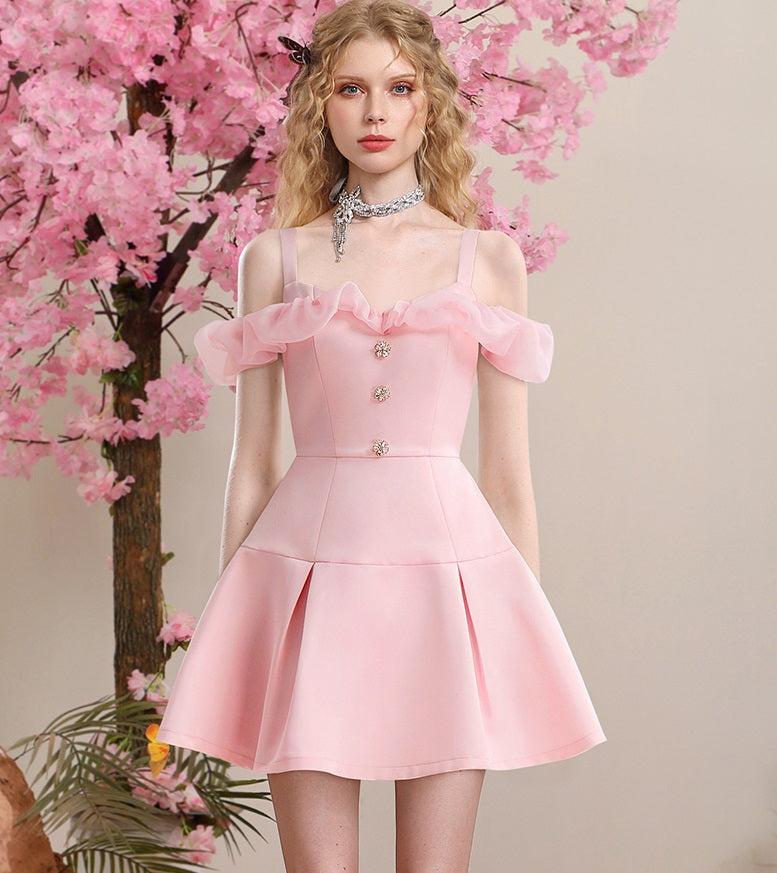 CHECOCRE Stubble sweet temperament style pink satin organza dress - EMA.