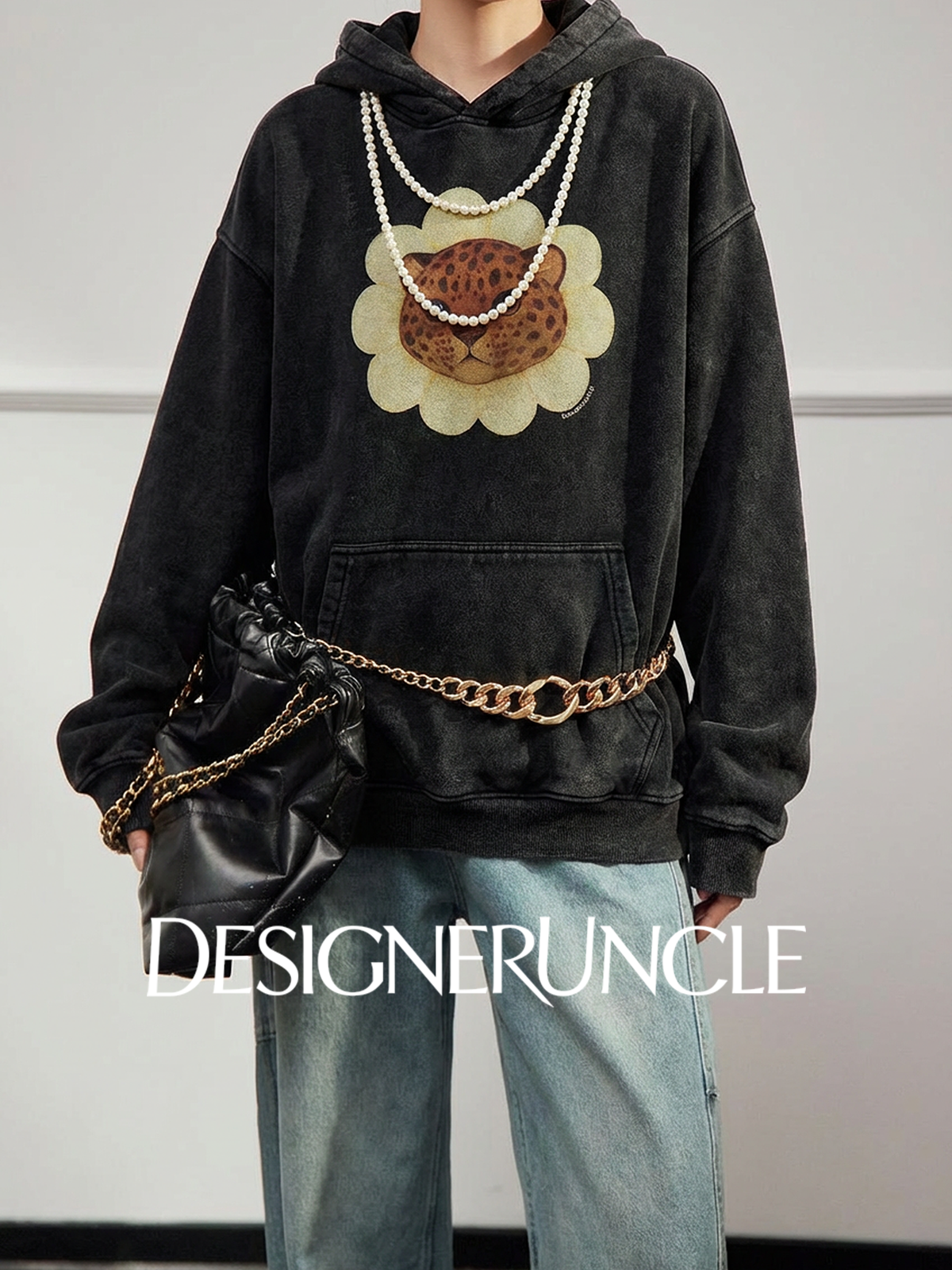 DGU×LAB|Black leopard print loose fleece hooded pattern sweatshirt - JOHA