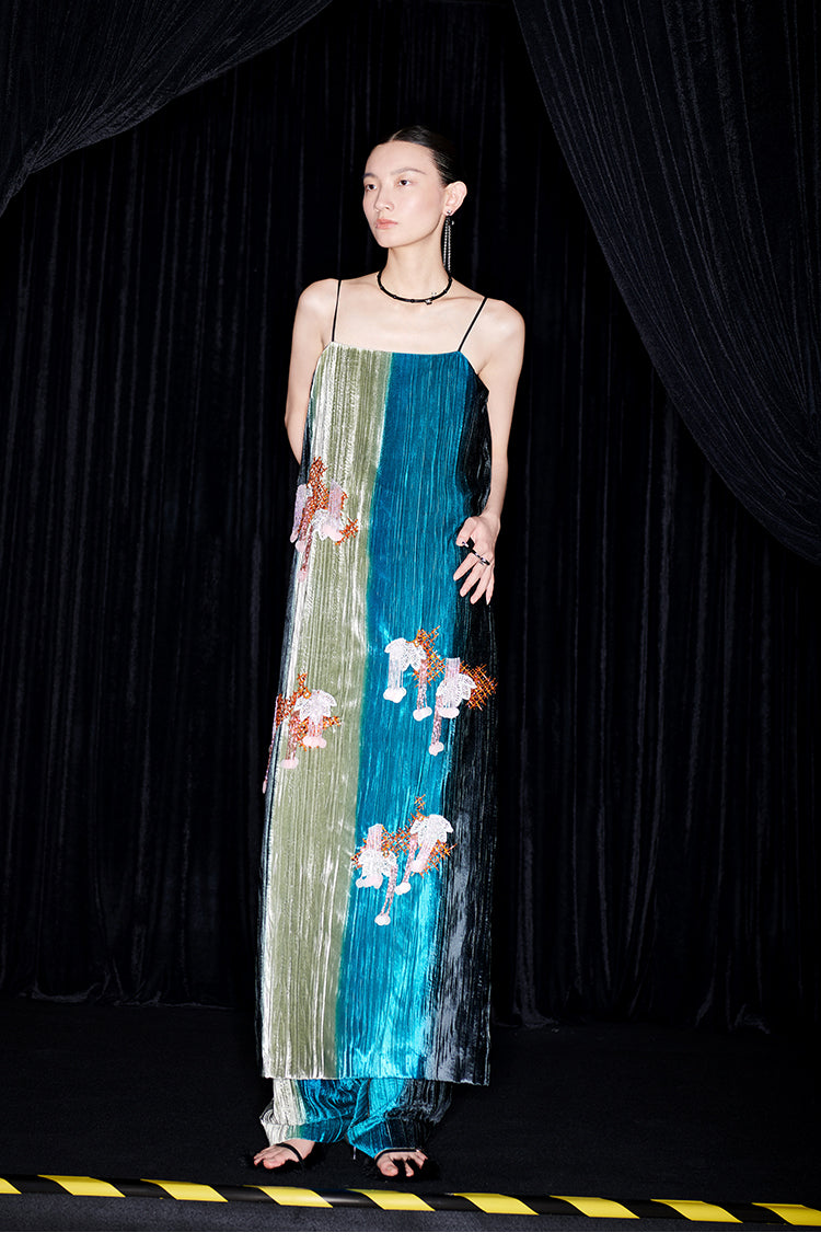 M essential Mackay designer hand-painted tassel embellishment slip dress pant set - Sanui Sala.